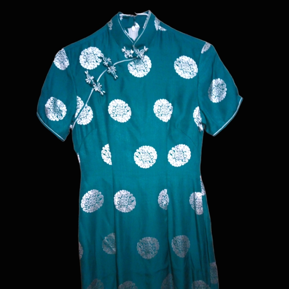 Silver & Green "Cheongsam" Traditional Chinese Silk Dress